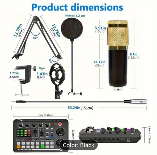 F998 Professional Audio Mixer Studio Set with USB/Battery Dual Power, Integrated Podcast Recording Kit with Stand & Capacitive Microphone, USB-C Connectivity, 16-Channel Sound Board, Headphones Jack, Volume Control, Battery Indicator Light, Compatible with PC/Laptop/Smartphone for Gaming, Live Streaming – Image 2