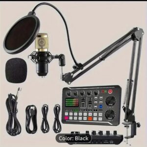 F998 Professional Audio Mixer Studio Set with USB/Battery Dual Power, Integrated Podcast Recording Kit with Stand & Capacitive Microphone, USB-C Connectivity, 16-Channel Sound Board, Headphones Jack, Volume Control, Battery Indicator Light, Compatible with PC/Laptop/Smartphone for Gaming, Live Streaming